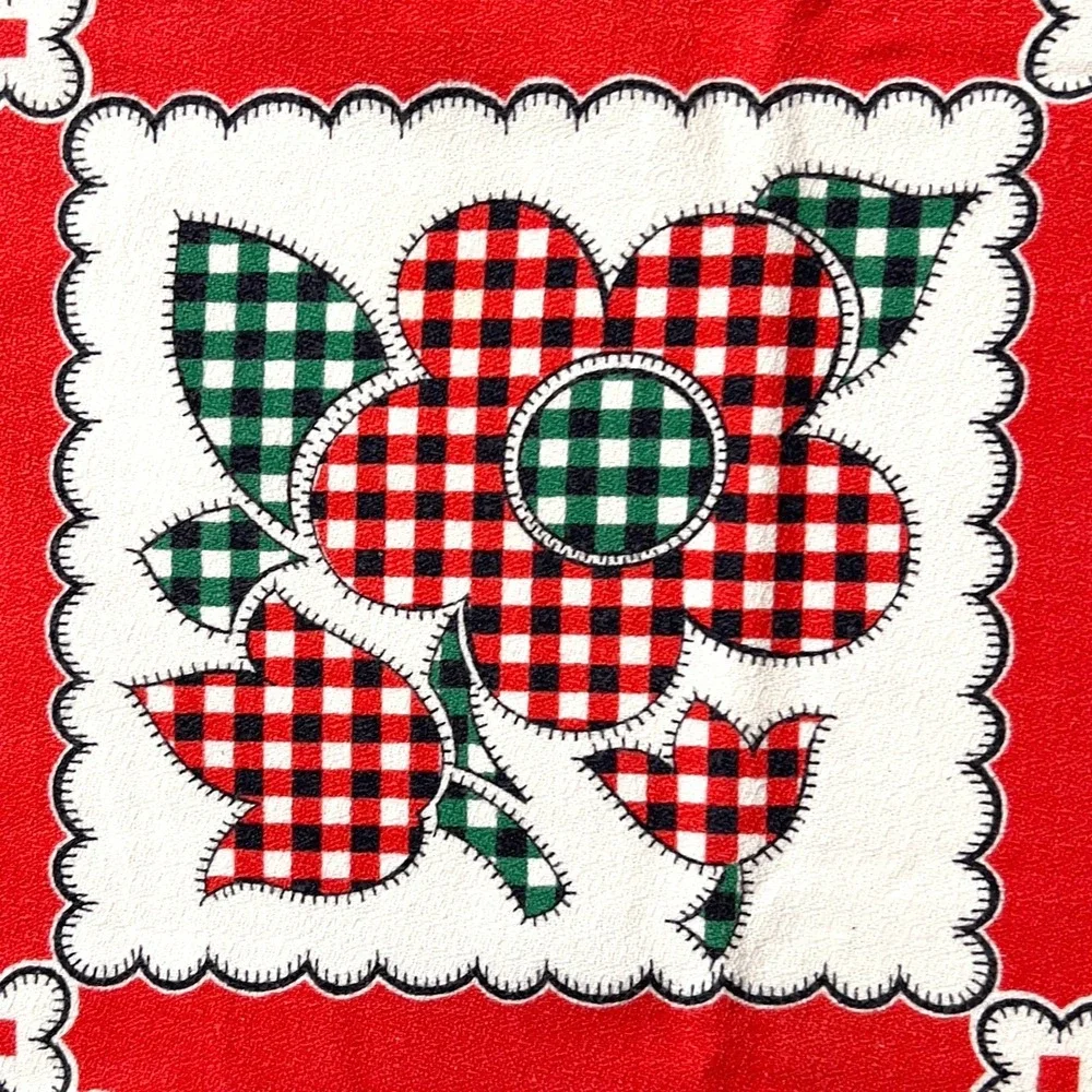 Vintage 50s Farmhouse Tablecloth Floral Gingham Fruit Patchwork 48x60 Retro Red